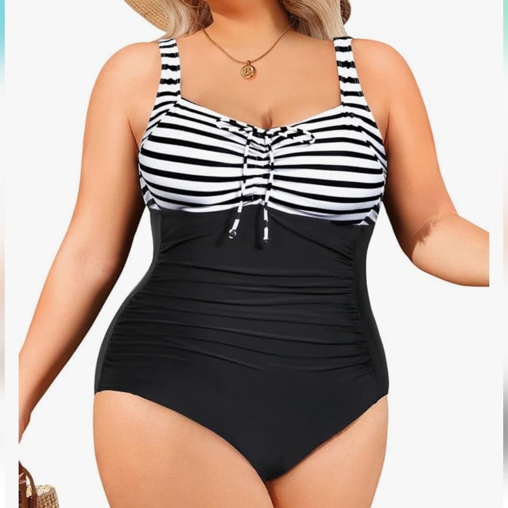 DACI Striped Ruched Black and White Swimsuit
